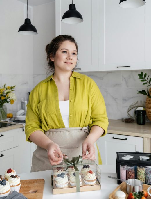 Smiling woman in a modern kitchen packing homemade flavored cupcakes, creating a tasty treat.